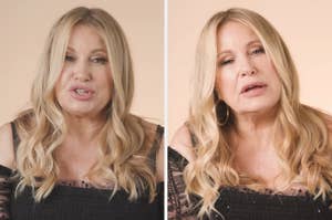 Jennifer Coolidge is shown in two different poses. She is dressed in an off-shoulder black outfit with wavy hair, speaking directly to the camera in both images