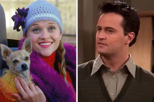 Reese Witherspoon, dressed in a stylish winter hat with a flower and a furry coat, holds a small dog. Matthew Perry wearing a button-up shirt and sweater
