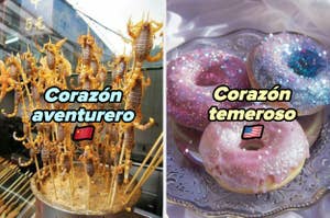 'Corazón aventurero' muestra brochetas de escorpiones; 'Corazón temeroso' muestra donas cubiertas de glaseado brillante