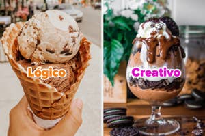 Comparación de dos postres helados con etiquetas: a la izquierda, un cono de helado etiquetado como "Lógico"; a la derecha, un postre helado en vaso etiquetado como "Creativo"