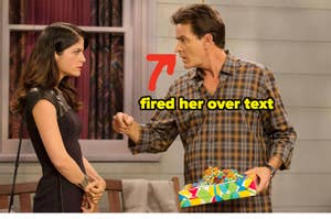 Selma Blair and Charlie Sheen in a scene from "Anger Management." Text reads "fired her over text" with an arrow pointing to Sheen