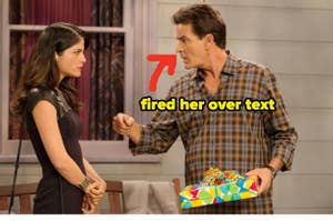 Selma Blair and Charlie Sheen in a scene from "Anger Management." Text reads "fired her over text" with an arrow pointing to Sheen