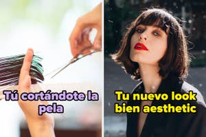 Dos imágenes: una mano cortando cabello con tijeras, y una mujer con cabello corto y maquillaje. Texto: "Tú cortándote la pela" y "Tu nuevo look bien aesthetic"