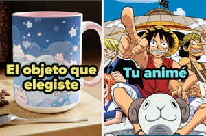 A la izquierda, taza con diseño de nubes y gatos; texto: "El objeto que elegiste". A la derecha, personajes de "One Piece"; texto: "Tu animé"