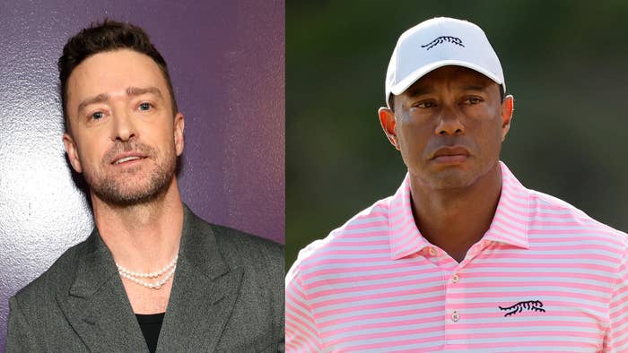 Justin Timberlake in a suit with a pearl necklace, and Tiger Woods in a striped polo shirt and white cap