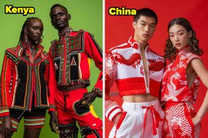 Kenya: Two models in red and black traditional attire with intricate patterns. China: Two models in modern red and white clothing with dragon designs