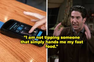 Split image: On the left, a hand using a payment device; on the right, a scene from "Friends" with a Ross Geller quote, "I am not tipping someone that simply hands me my fast food."