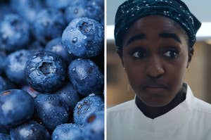 Close-up of blueberries covered with water droplets (left). A chef, Ayo Edebiri, wearing a white coat and patterned headwrap looks in the distance (right)