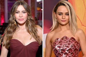 Sofía Vergara in a strapless dress and Joey King in a metallic scalloped dress on the red carpet