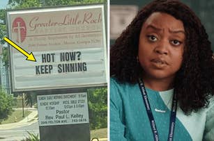 Church sign reads: "HOT NOW? KEEP SINNING." Image next to it shows a woman wearing a blue-green shirt and ID badge, reacting with a concerned expression