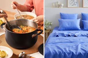 on the left a medium stockpot, on the right a blue linen duvet cover