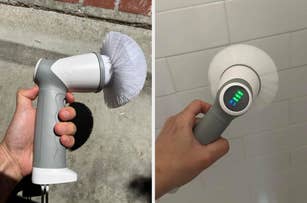 Hand holding a cordless electric scrub brush with a round brush head; another hand holding the brush close to white tiles