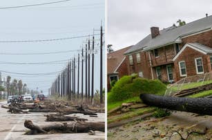 Collage of a large tree fallen on a white vehicle and a damaged house with a partially collapsed roof after a severe storm