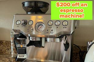 Espresso machine with "Breville" brand and various controls on a kitchen countertop. Promo text on image: "$200 off an espresso machine!"