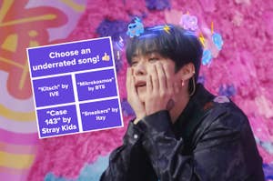 Person with animated effects on short hair and wearing casual attire. Text on the image says, "Choose an underrated song!" and lists four songs by IVE, BTS, Stray Kids, and Itzy