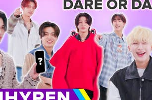 ENHYPEN members posing together. The text says "DARE OR DARE" and "ENHYPEN" with a rainbow stripe underneath. One member holds a card with a question mark