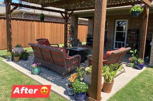 "Backyard patio makeover with wicker seating, various potted plants, and a pergola, showing an 'After' transformation."