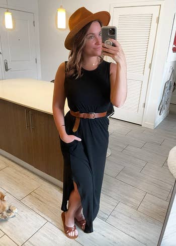 reviewer in black tank maxi dress 