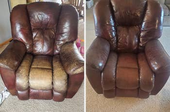 Side-by-side comparison of a reviewer's old, worn leather recliner (left) and the same recliner after restoration (right)