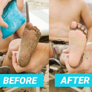 Before and after images of a child's sandy foot cleaned using the bag