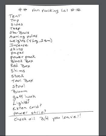 digital copy of a packing list