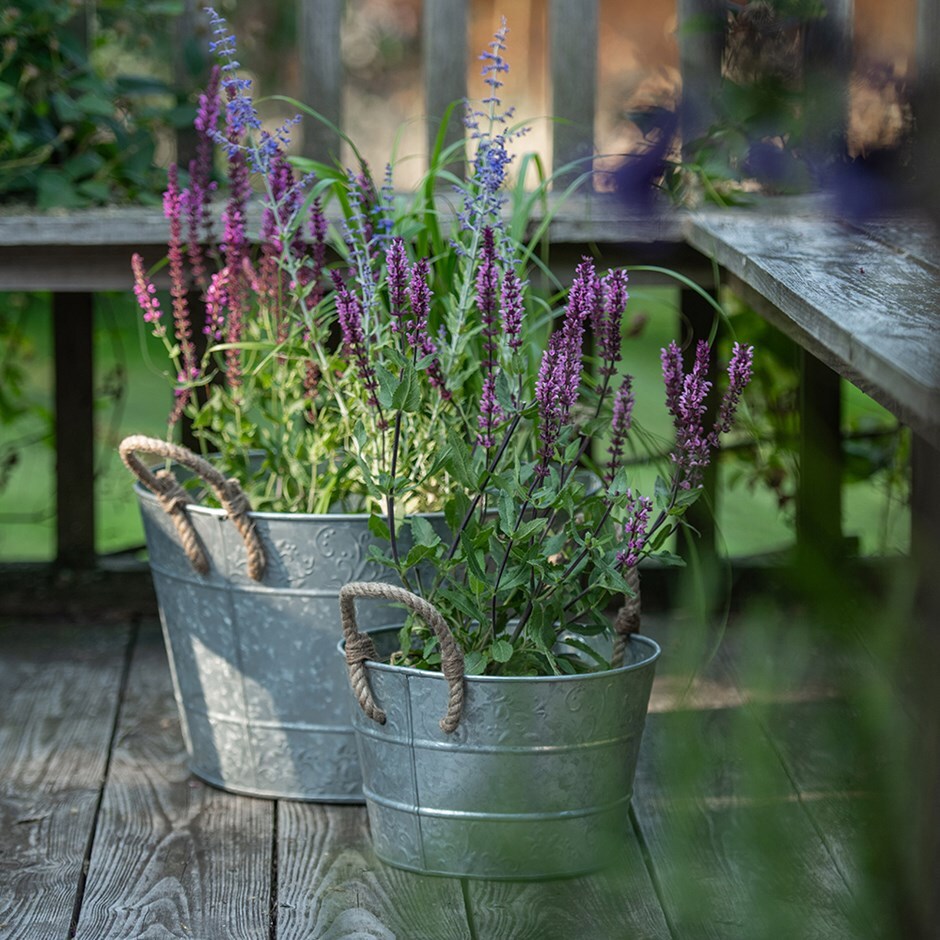 Galvanised metal planter with rope handles