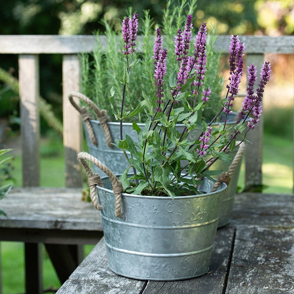 Galvanised metal planter with rope handles