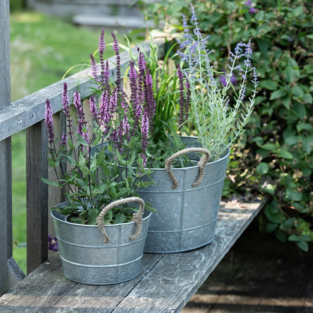 Galvanised metal planter with rope handles