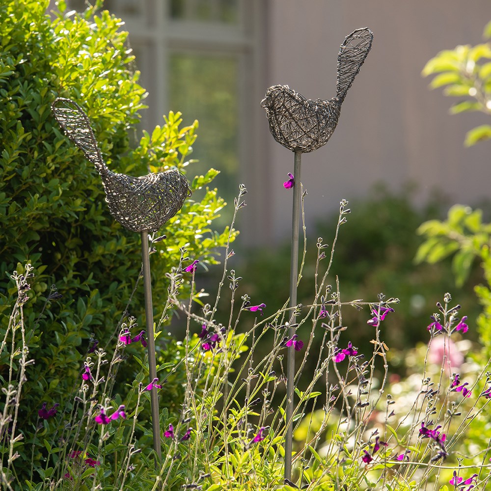 Wire bird on a stake - pewter