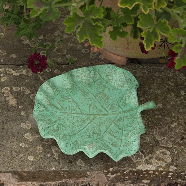 Verdigris leaf bird bath