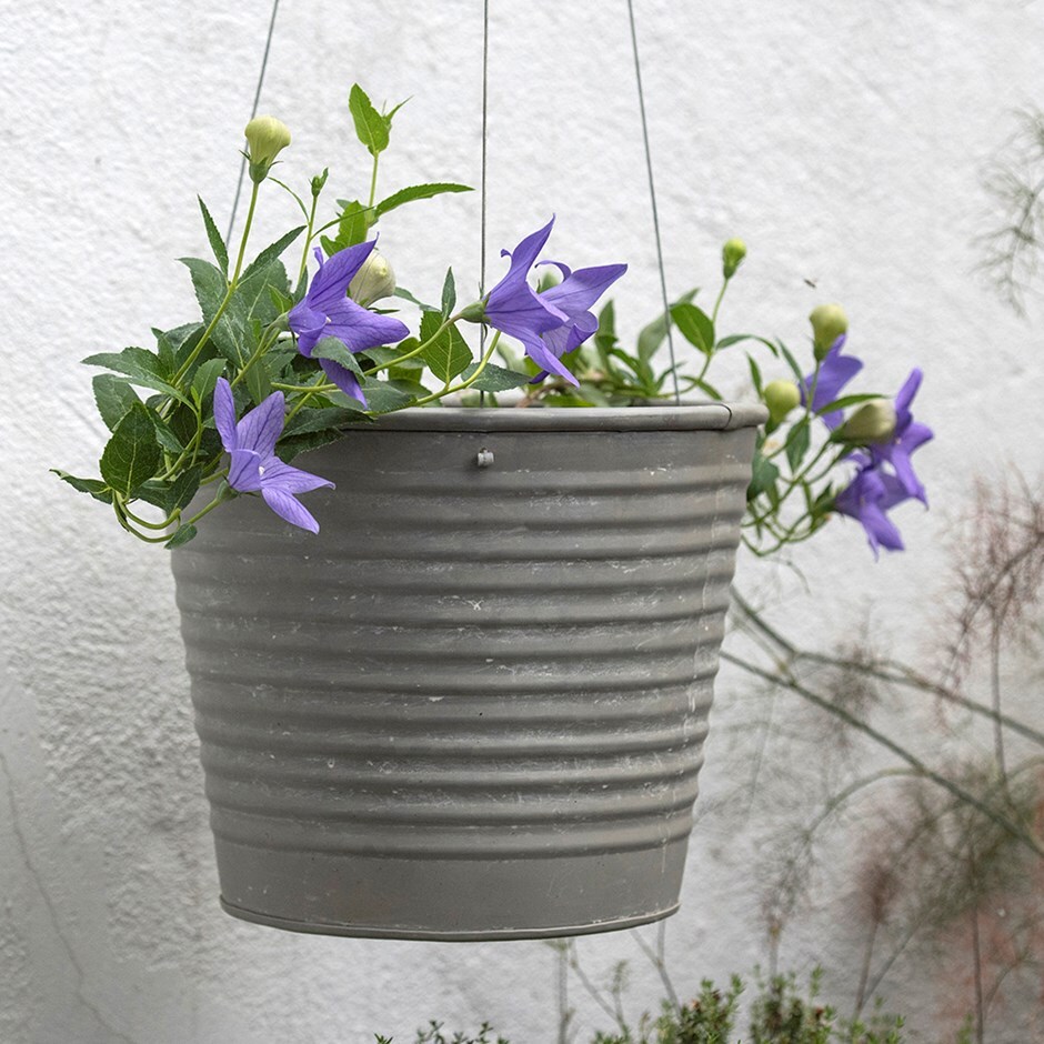 Hanging galvanised metal ribbed planter - aged zinc