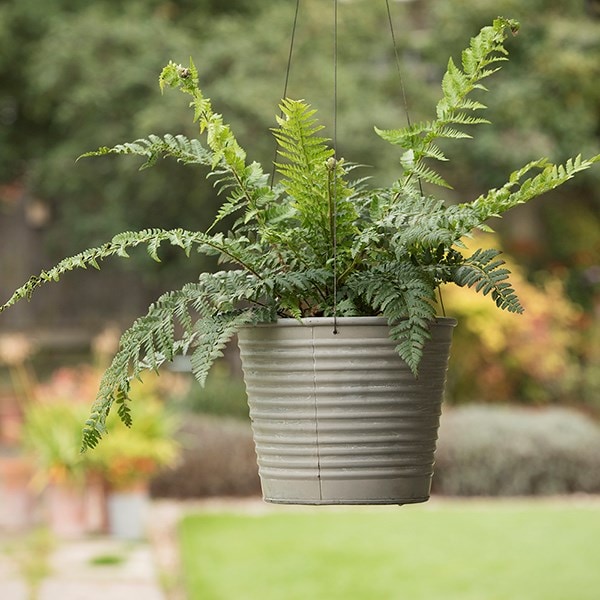 Hanging galvanised metal ribbed planter - aged zinc