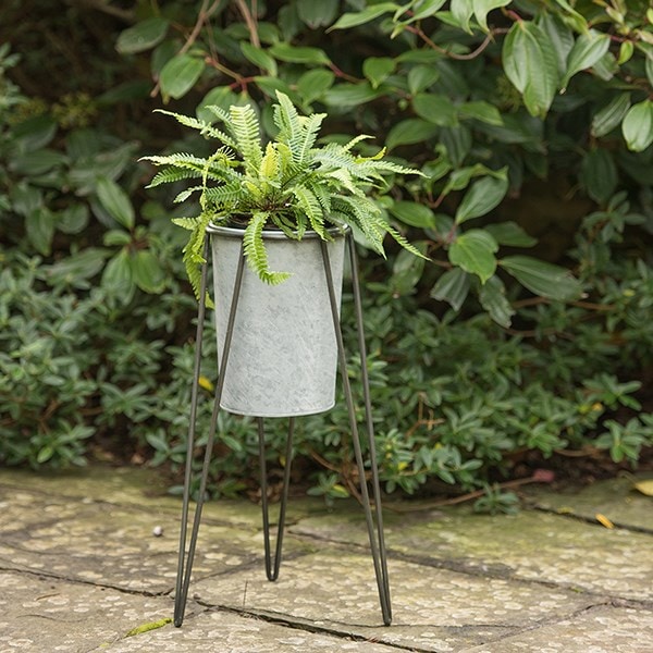 Tall galvanised metal planter with stand