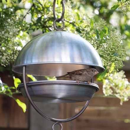 Hanging bird feeding dome - brushed aluminium