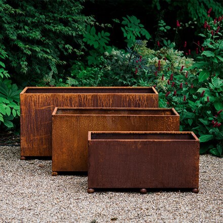 Rusted steel rectangular planter