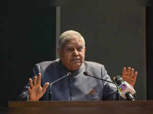 New Delhi: Vice President Jagdeep Dhankar addresses during an interaction with t...