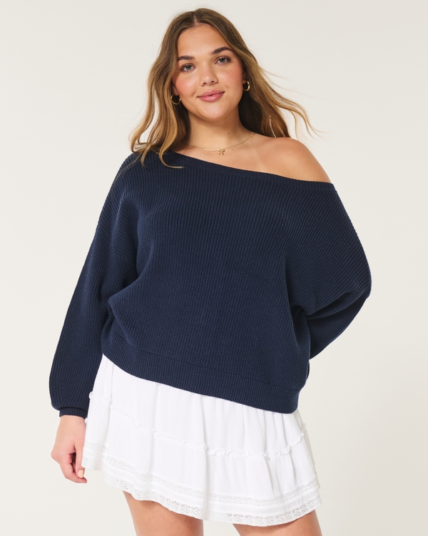 Slouchy Off-the-Shoulder Sweater, Navy Blue