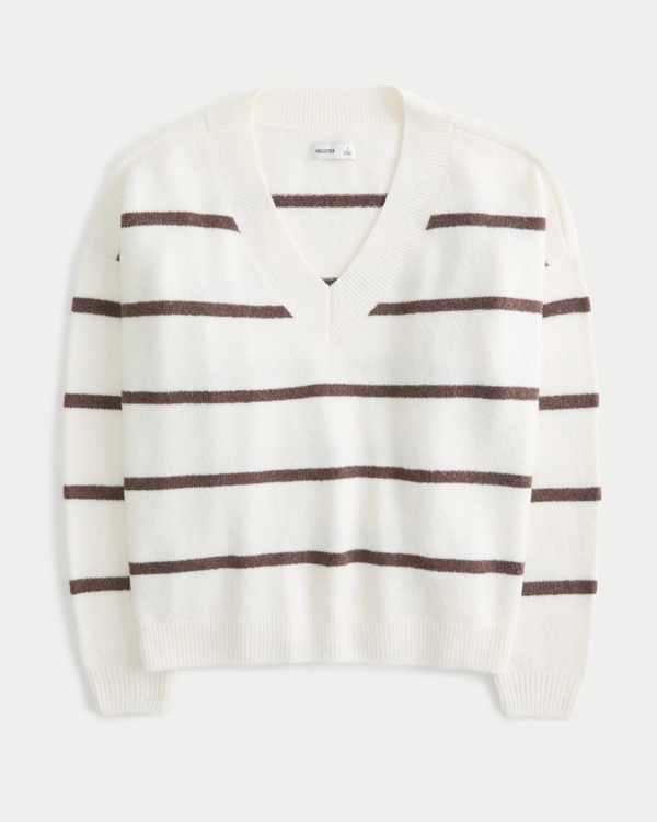 Oversized V-Neck Sweater, White Stripe