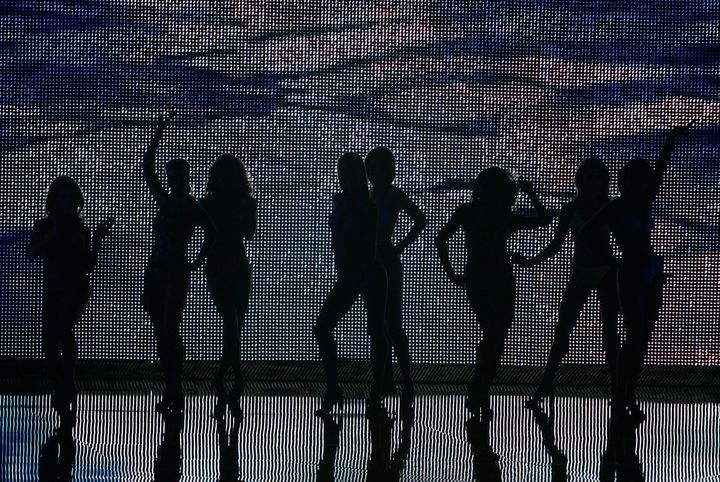 Women compete during the swimsuit portion of the 2007 Miss America pageant.