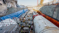 View of the future Great Northern Way-Emily Carr station site ahead of the launch of Elsie, the first of two tunnel boring machines on the right. Phyllis, the second tunnel boring machine, is being assembled on the left.