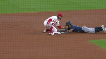 Julio Rodríguez steals second base after a review 