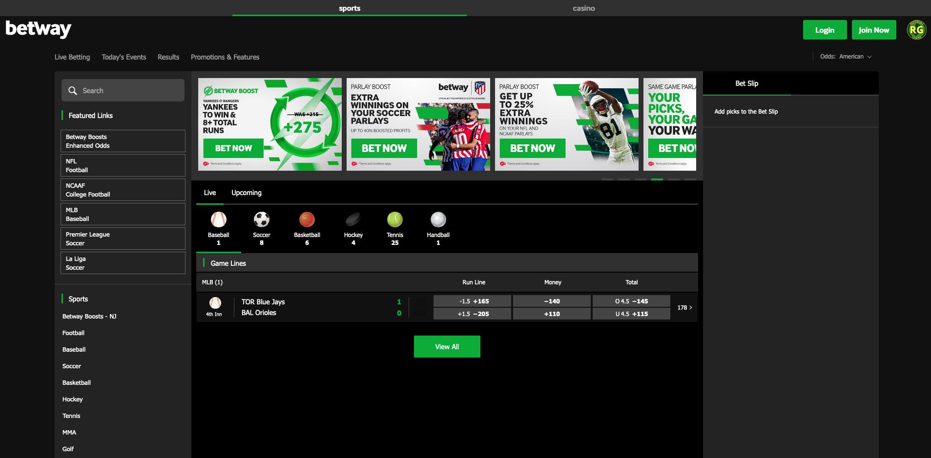 Betway sportsbook homepage<br>