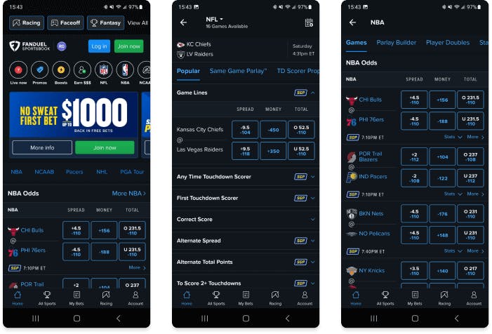 Screenshot of FanDuel Sportsbook mobile app for Android devices.