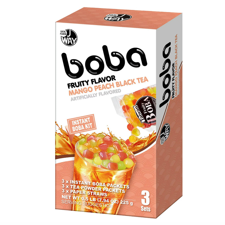 J WAY Instant Boba Bubble Pearl Mango Peach black Tea Kit - 3 Servings