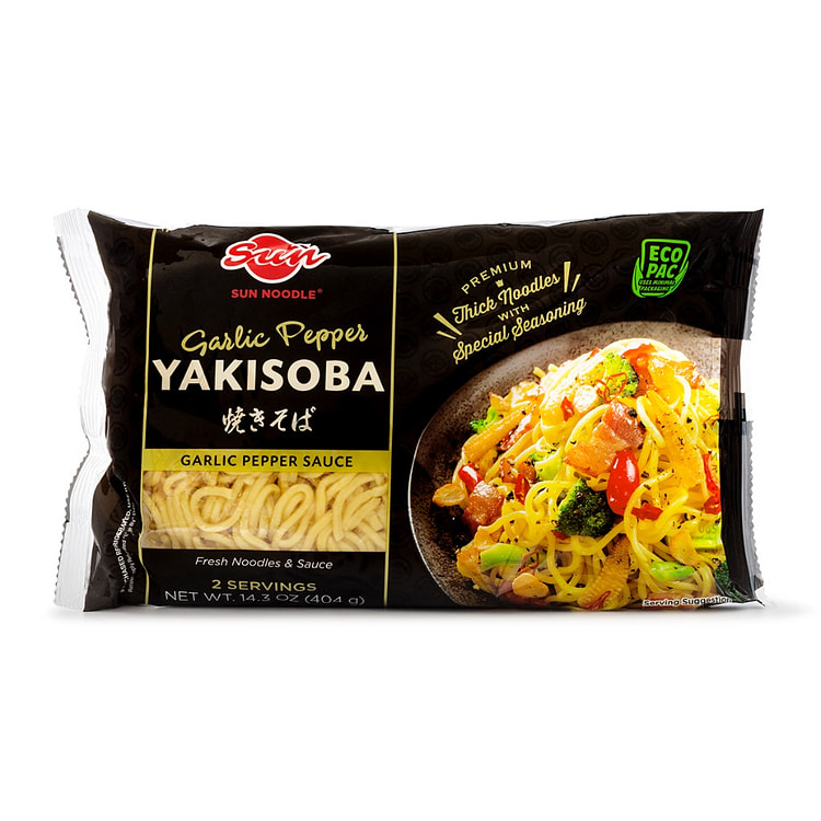 Sun Noodle Thick Yakisoba with Liquid Garlic Pepper Sauce, Frozen