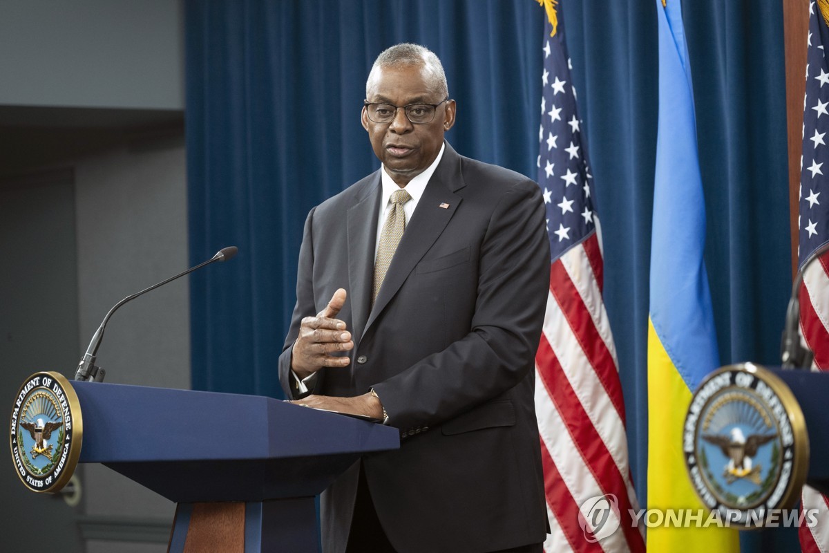 This photo, released by the Associated Press, shows U.S. Defense Secretary Lloyd Austin speaking during a press briefing at the Pentagon near Washington on April 26, 2024. (Yonhap)