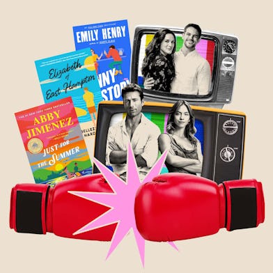 A collage featuring romantic novel covers, two boxing gloves, and a pair of TVs showcasing a smiling...