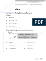 Algebra: Worksheet 1 Using Letters As Numbers