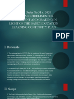 Deped Order No.31 S. 2020 Interim Guidelines For Assessment and Grading in Light of The Basic Education Learning Continuity Plan