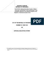 Law of The Republic of Indonesia Number 20, Year 2003 On National Education System